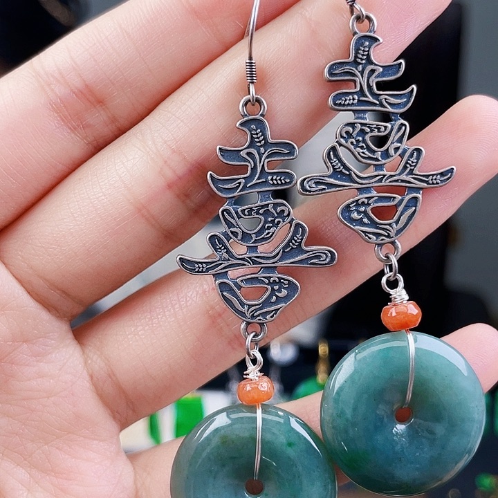 翡翠耳饰银S925镶嵌饰品