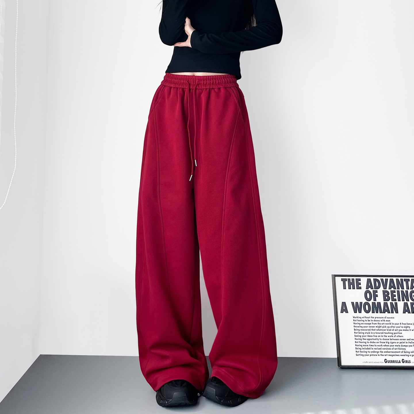 红色高腰显瘦慵懒风阔腿裤女冬季新款大码胖mm松弛感宽松运动卫裤