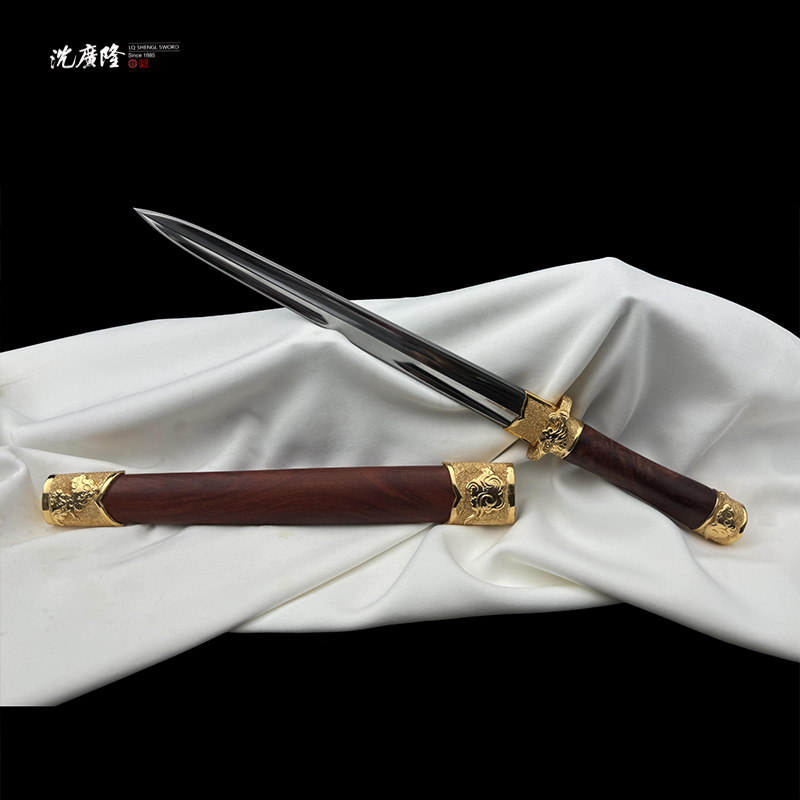 龙泉沈广隆-小祥云 黄铜镀金 血檀木 花纹钢 手工锻打 未开刃