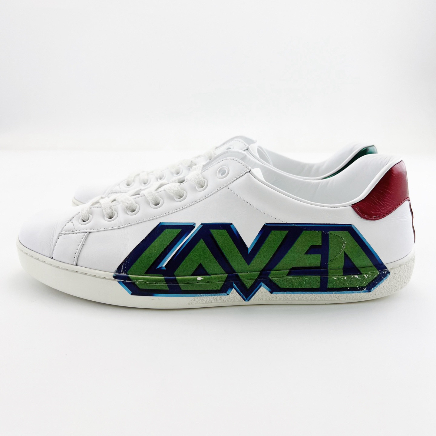 95新 GUCCI/古驰 43码/白色ACE印花皮革低帮系带板鞋/15164369