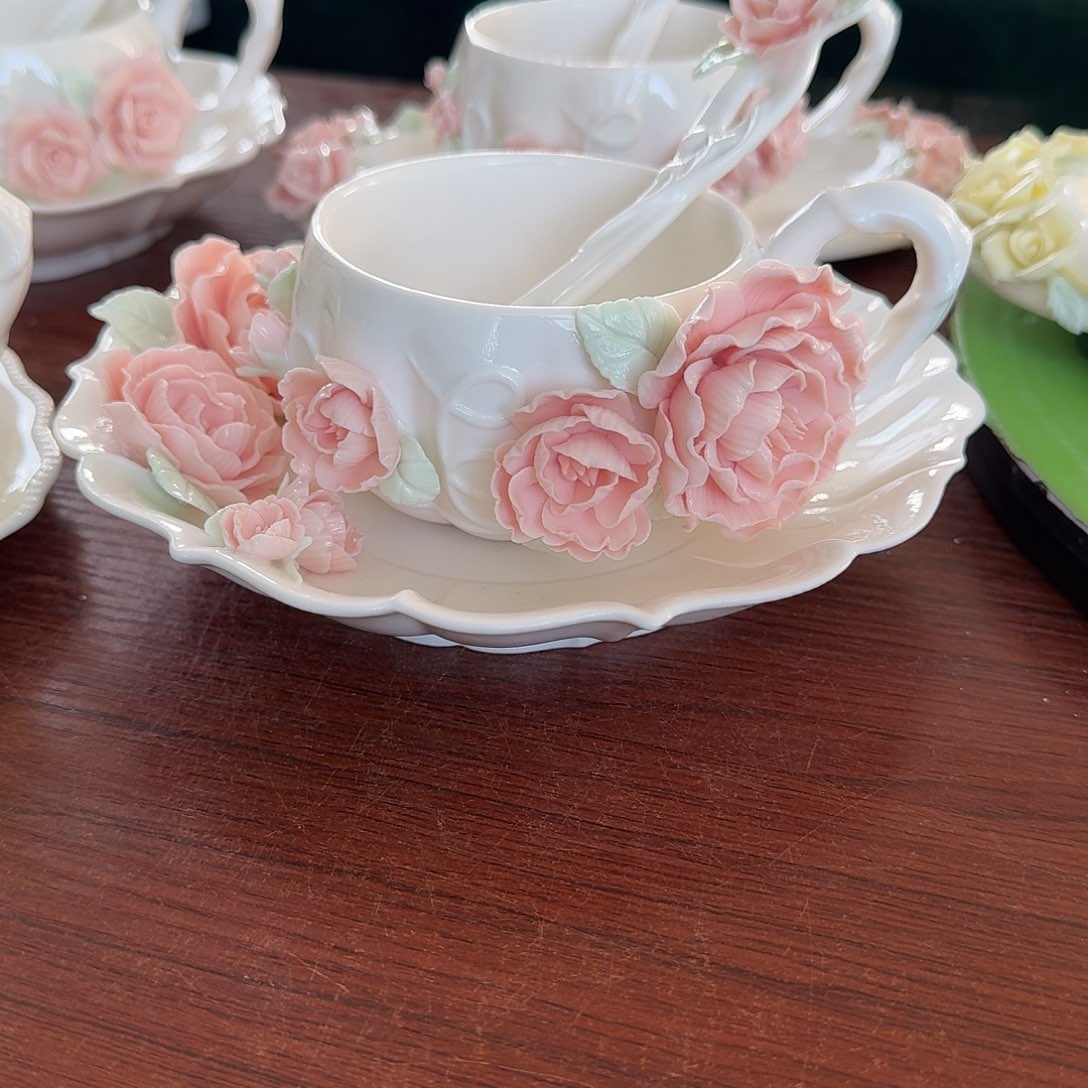 手工捏花牡丹壶咖啡杯碟加勺子