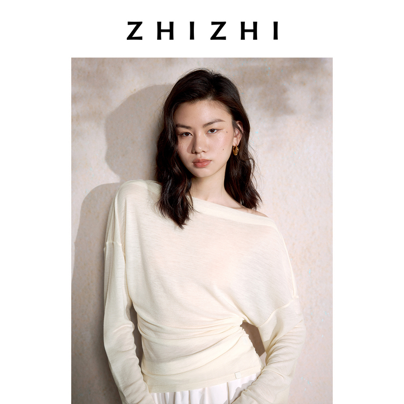致知 花幕暗 全羊毛针织斜肩T恤25年秋季新款一字领ZZ2EAWT1001