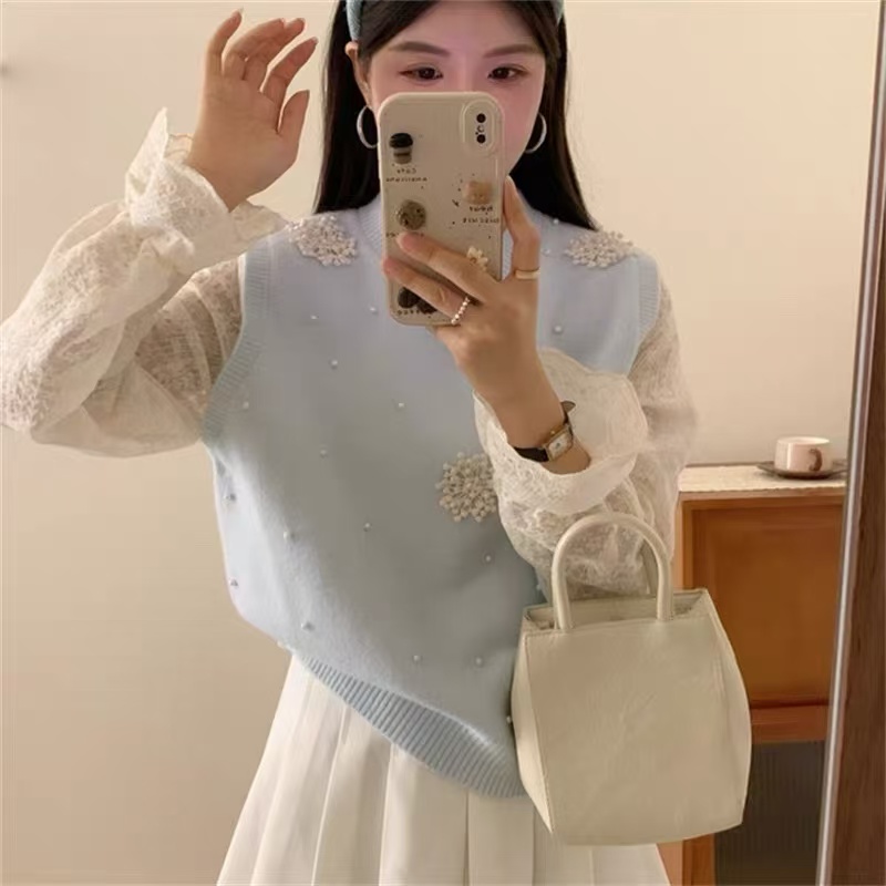 703#法式钉珠假两件马甲打底毛衣针织衫【D4-2】