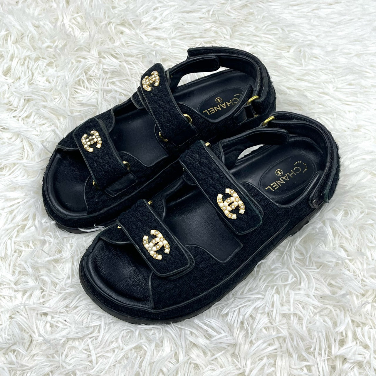 95新 Chanel/香奈儿 珍珠彩钻金扣沙滩凉鞋36码12617378