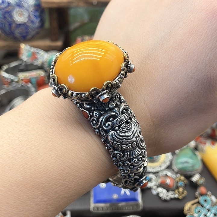 银S925镶嵌蜜蜡手镯