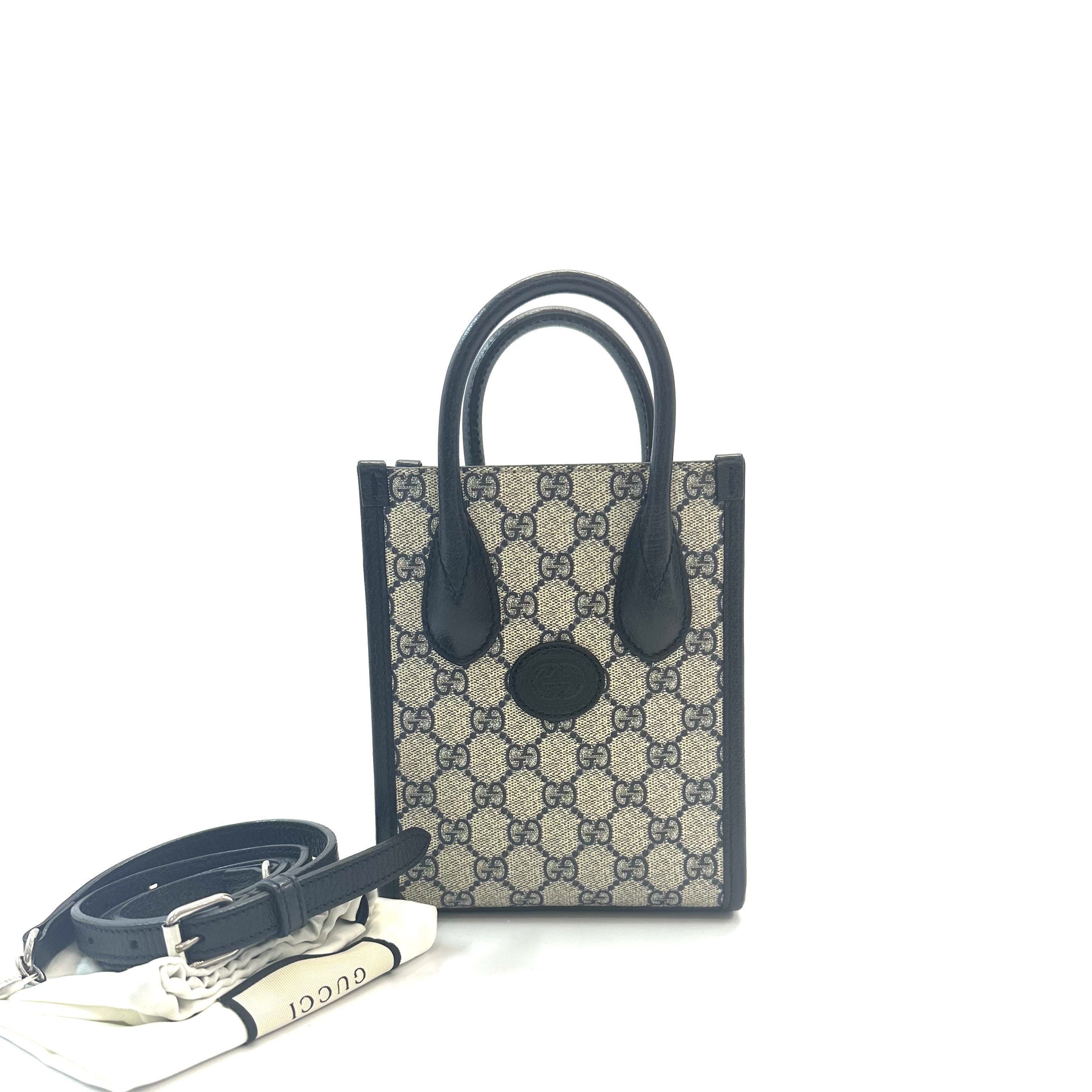 95新 GUCCI/古驰 98新 retro 经典老花拼皮黑色mini托特琴谱包 