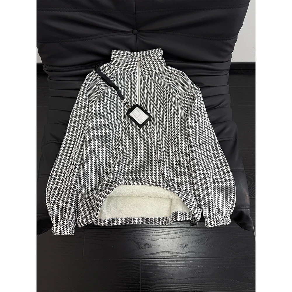 半拉链立领羊羔绒卫衣男冬季情侣加绒加厚高级感设计感小香风外套