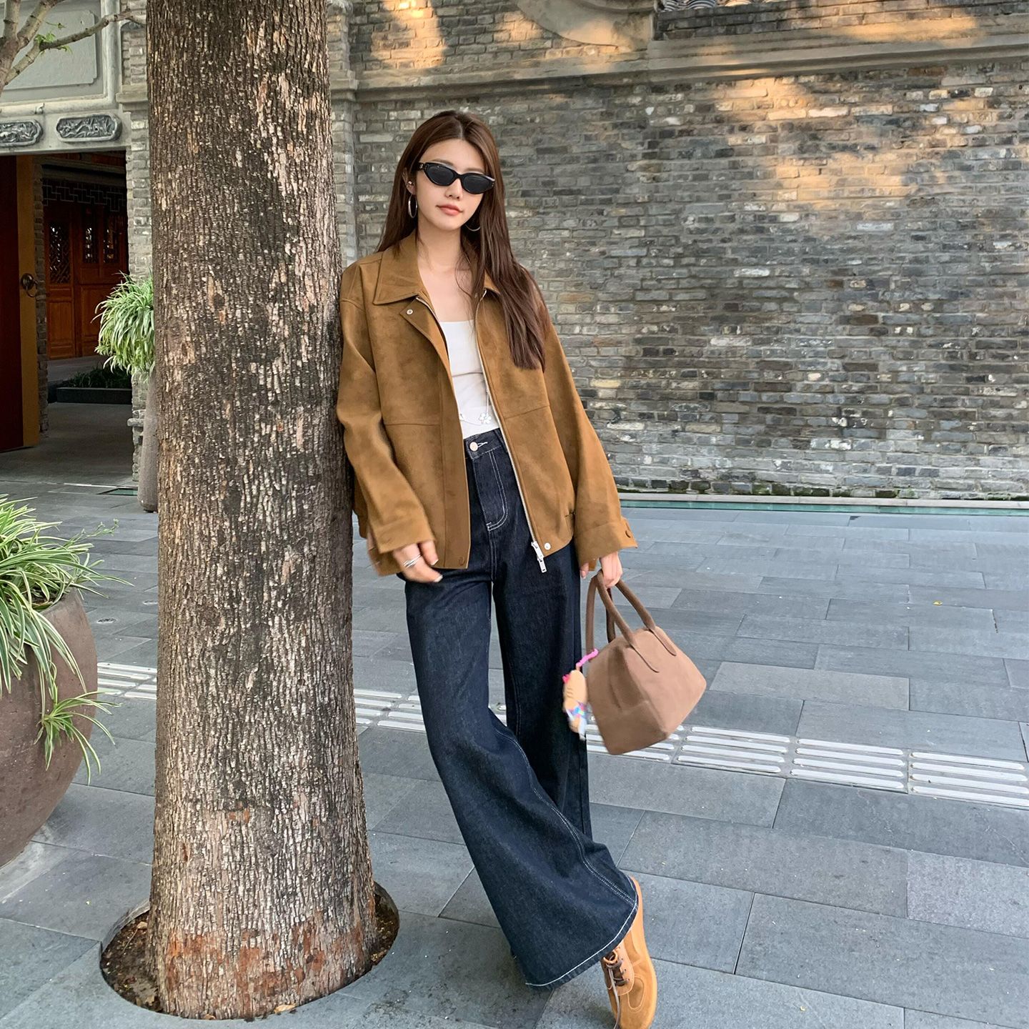 韩式棕色麂皮外套女防风常规款秋季拉链翻领短外套韩版气质新中式