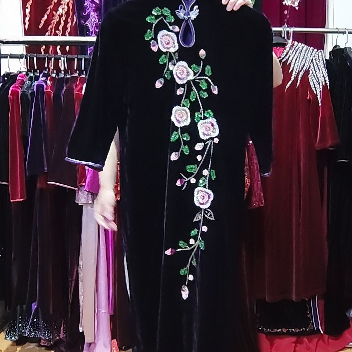 紫色金丝绒手工穿珠中长旗袍xl100-120斤2XL120-130内