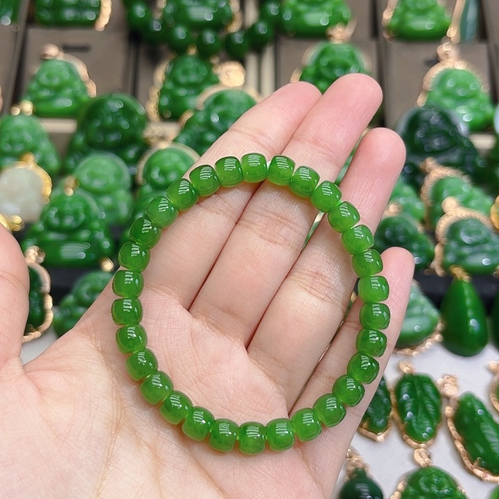 和田玉（碧玉）手串未镶嵌小*7m直切果绿单圈