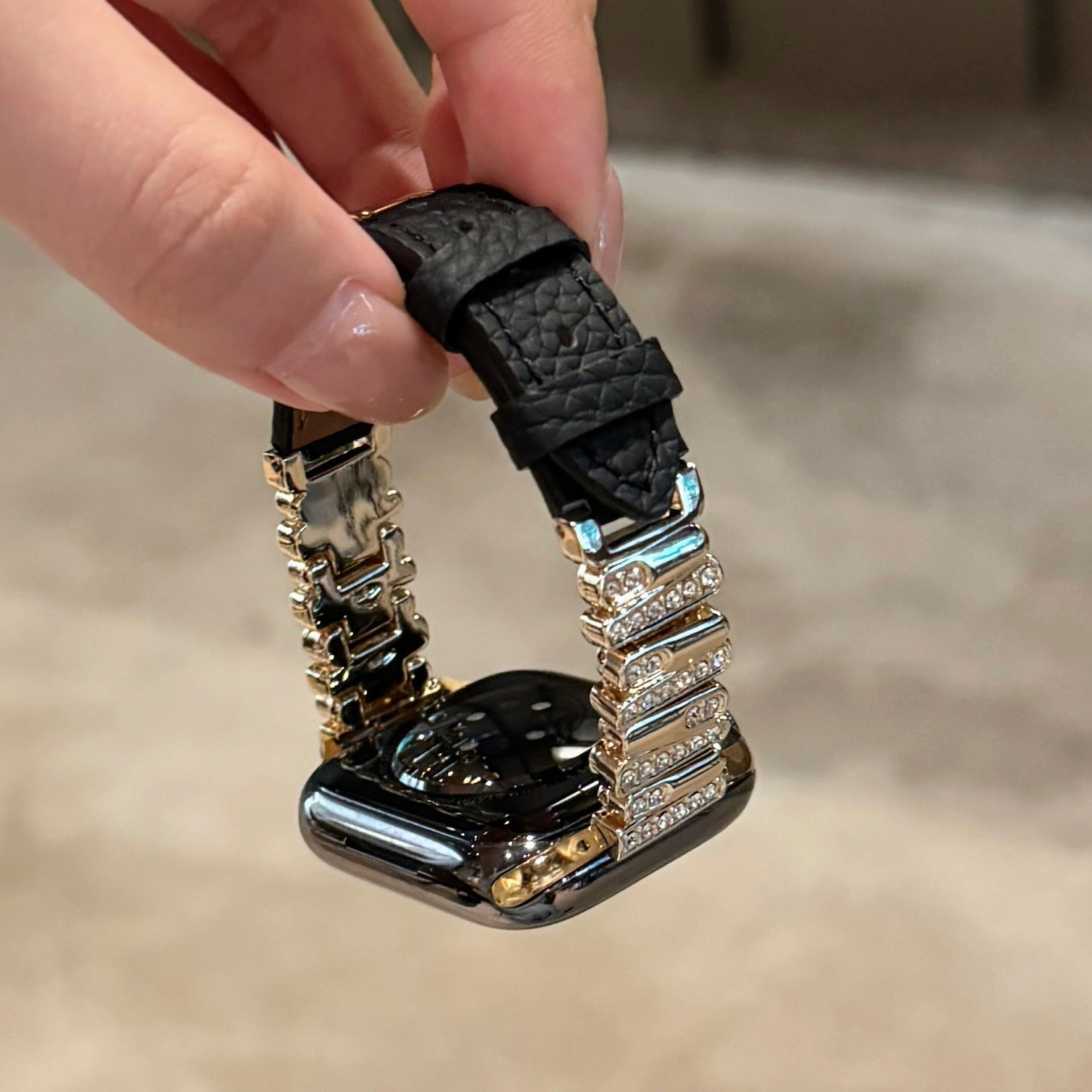 金属镶钻荔枝纹皮质苹果手表s10表带适用于Applewatch789iwatch11
