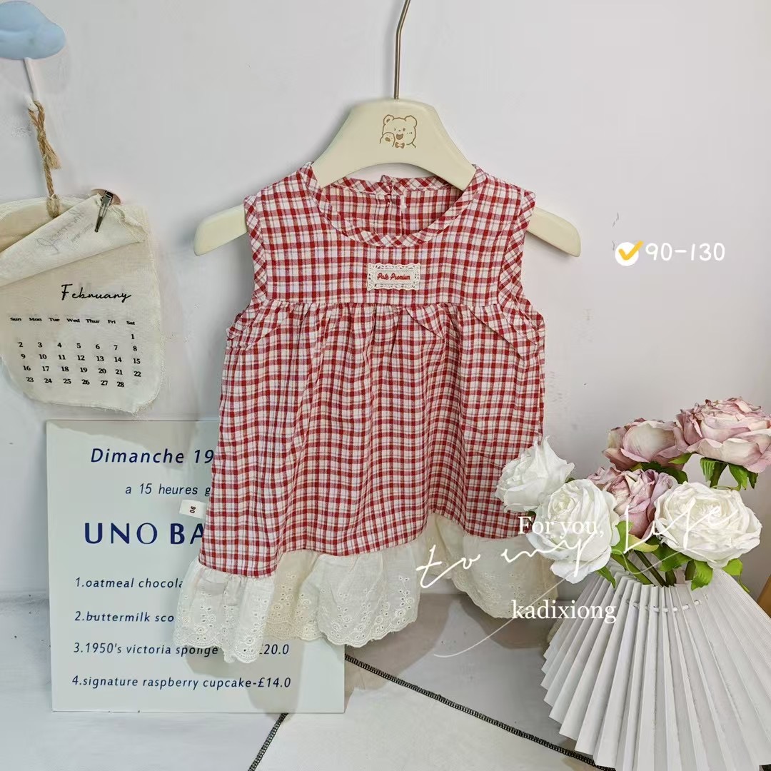 女童韩版甜系夏款休闲格子花边连衣裙