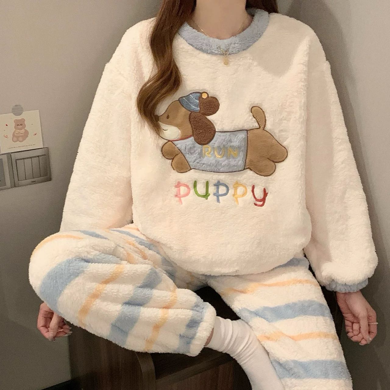 冬季腊肠狗卡通女加绒珊瑚绒保暖冬天睡衣套装可外穿2217#0.1