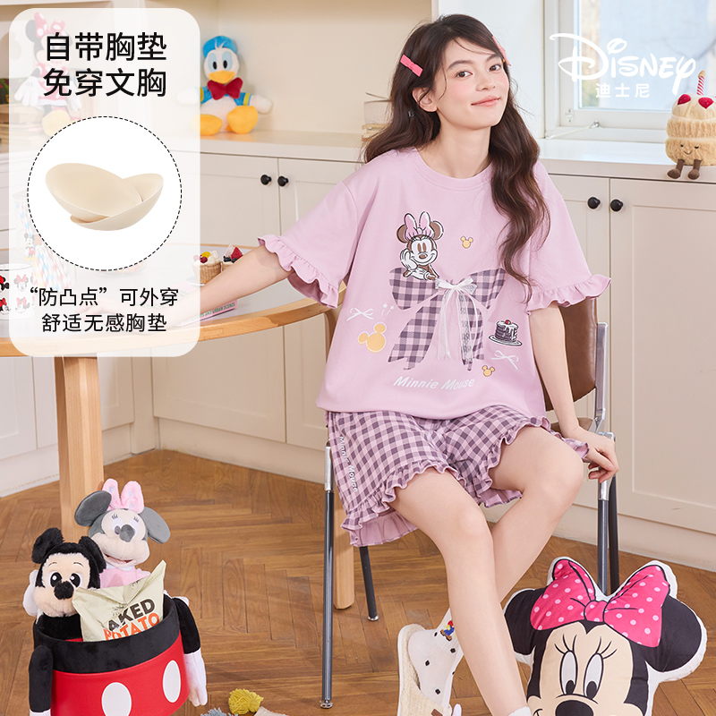 Disney/迪士尼新款纯棉短袖短裤带胸垫卡通大码舒适家居服0333A