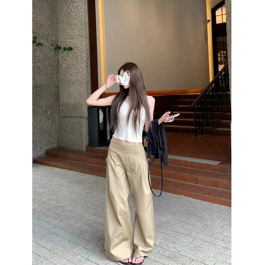 夏季2025新款设计感小众慵懒风直筒休闲裤女装韩版卡其宽松阔腿裤