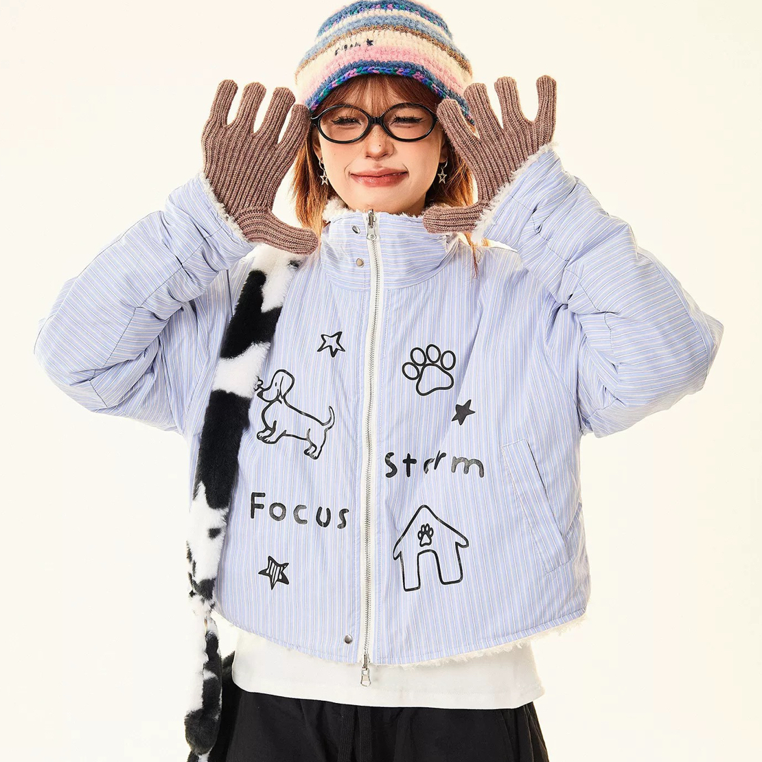 冬季加厚短款立领双面穿羊羔绒棉服外套可爱复古保暖