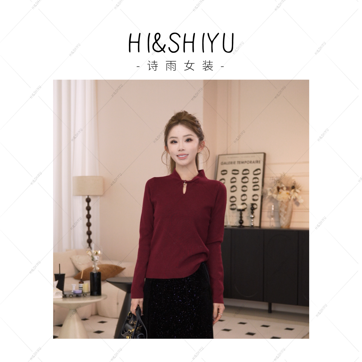 HISHIYU【心动法则】新国风盘扣针织衫立领镂空氛围穿搭毛衣