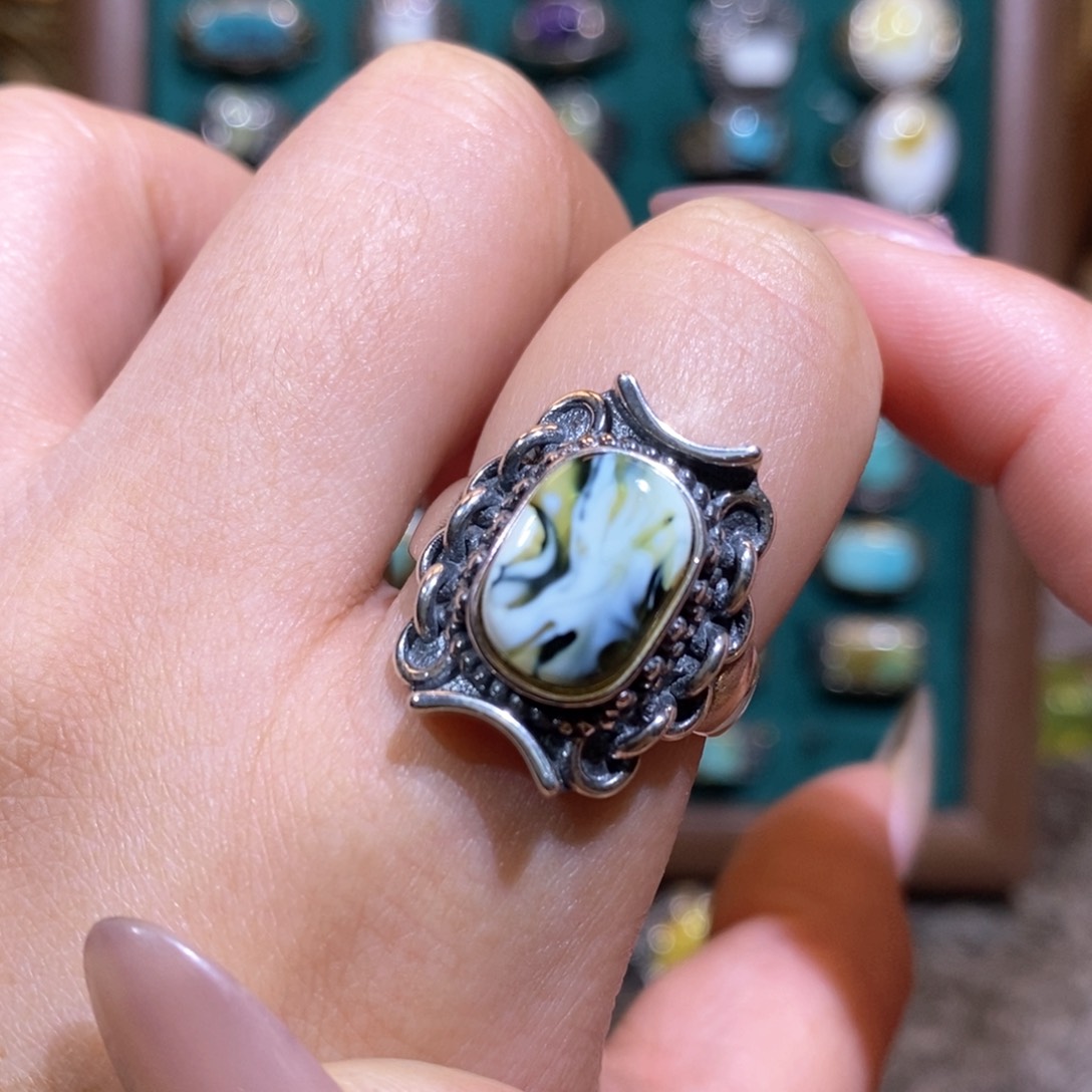 琥珀戒指银S925镶嵌戒指