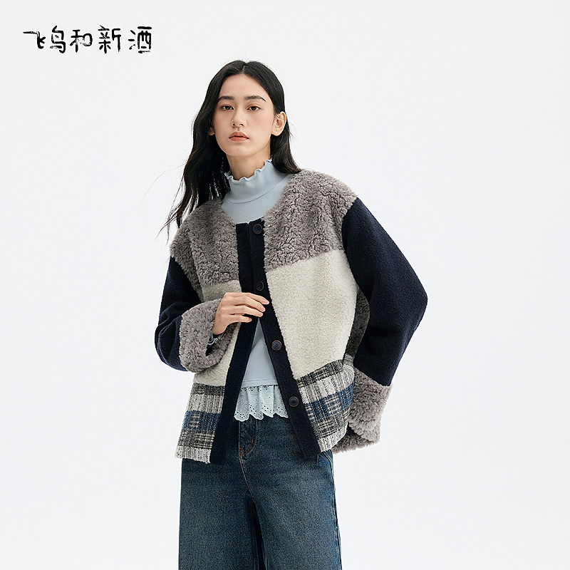 【达人】飞鸟和新酒短款宽松拼接小个子保暖毛毛外套棉服FD57022018
