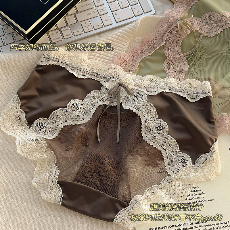 甜美少女网纱蕾丝性感纯欲舒适亲肤半透明绸缎撞色拼接女士三角裤