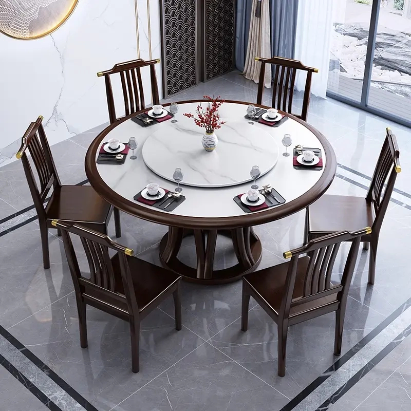 新中式岩板餐桌圆形酒店饭店别墅家用火锅桌带转盘大圆桌10-12人