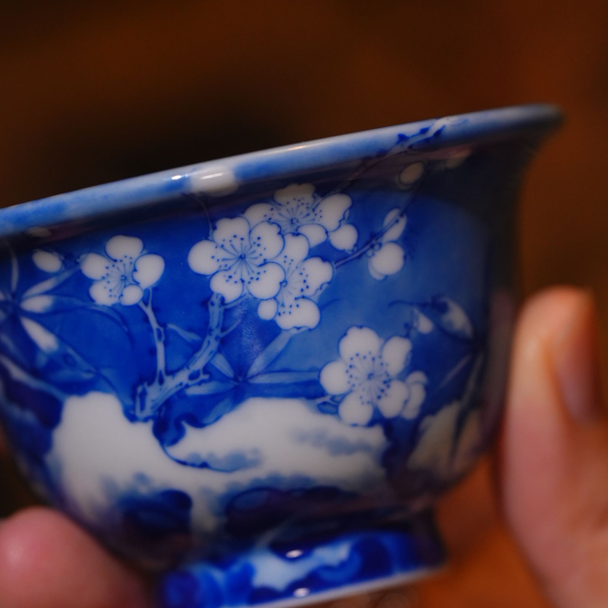 恒垣山房青花雪景夜景松竹梅压手杯小号景德镇高端陶瓷宋画主人杯