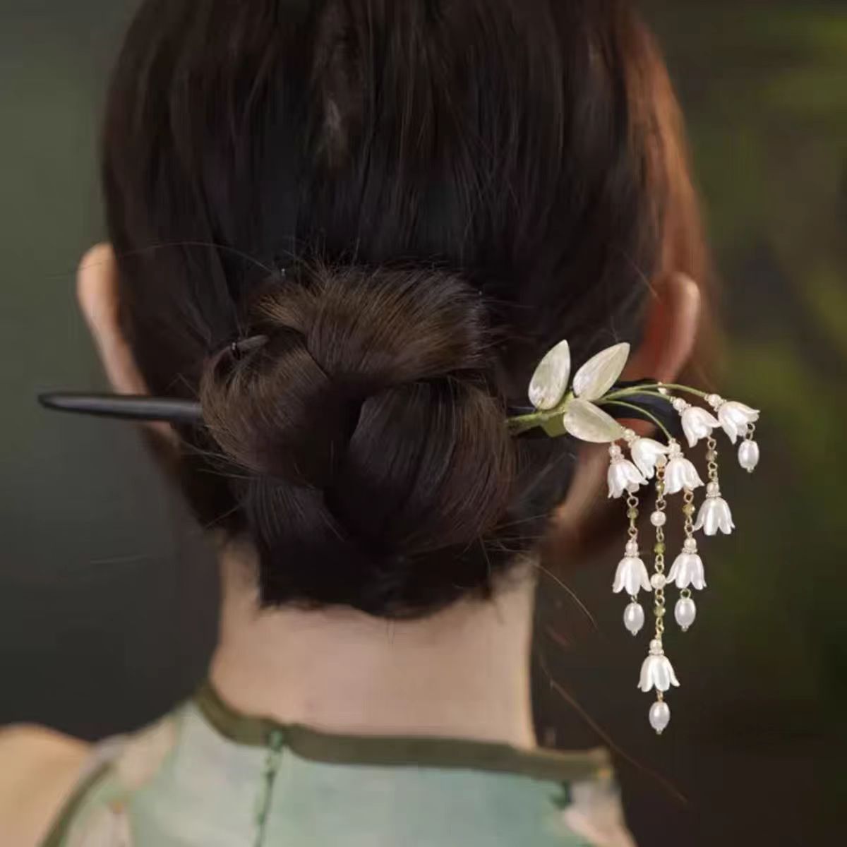 a419【绿叶铃兰】发簪盘发女古风新中式双面绿色簪高级感旗袍头饰