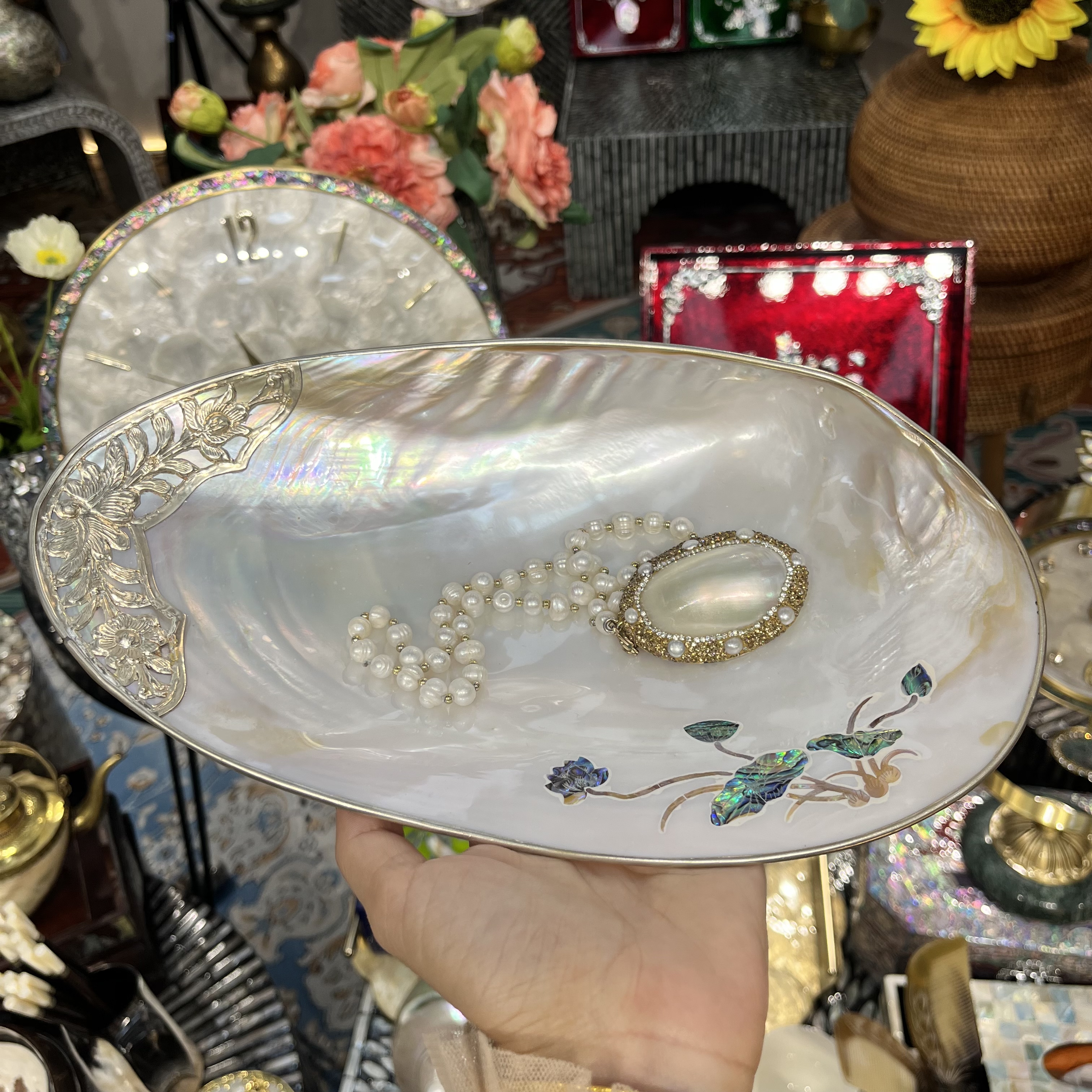 KA-【雕花贝壳盘】手工包边天然贝壳收纳装饰摆件