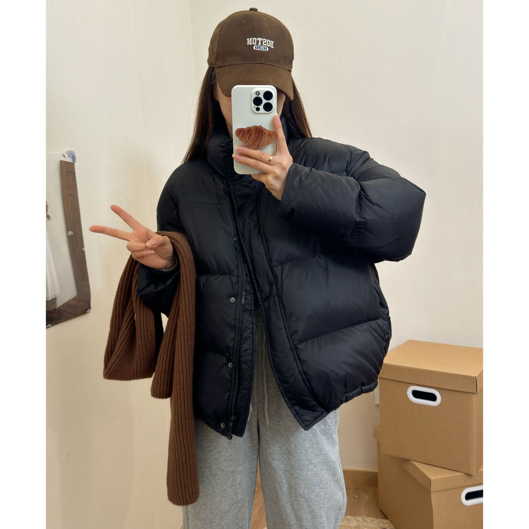 白鸭绒羽绒服泡芙小面包口袋拉链