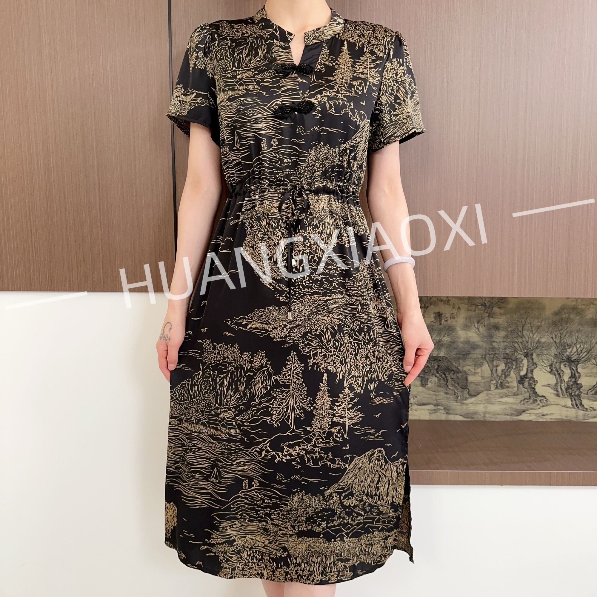 HUANGXIAOXI 黑金山水画国风气质连衣裙ZF-728