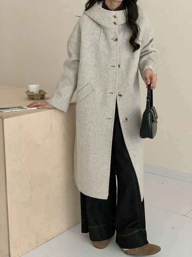 WT016连帽大衣女中长款2025年秋冬韩系新款宽松高级感毛呢外套