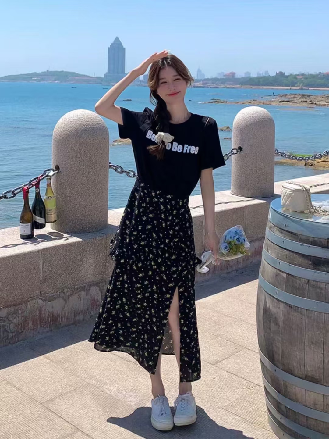 夏季法式假两件显瘦碎花裙