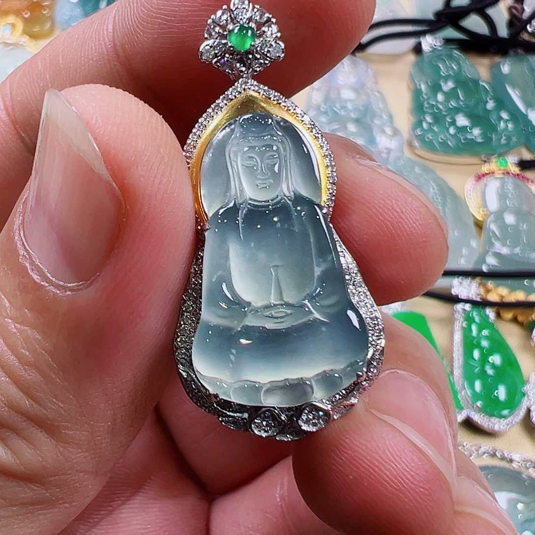 淡***翡翠18K金镶嵌戒指天然缅甸翡翠A货