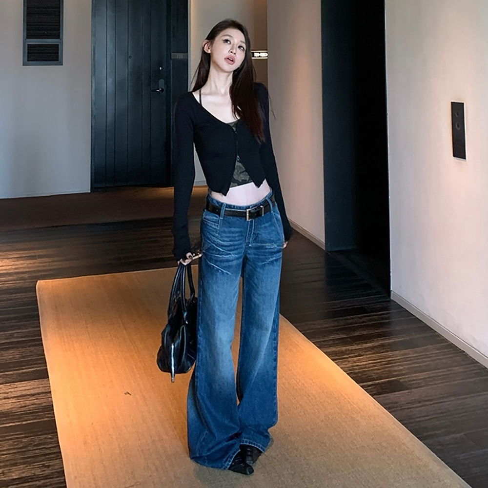 美式复古低腰牛仔裤女夏季2025年新款设计感宽松垂感窄版直筒裤子
