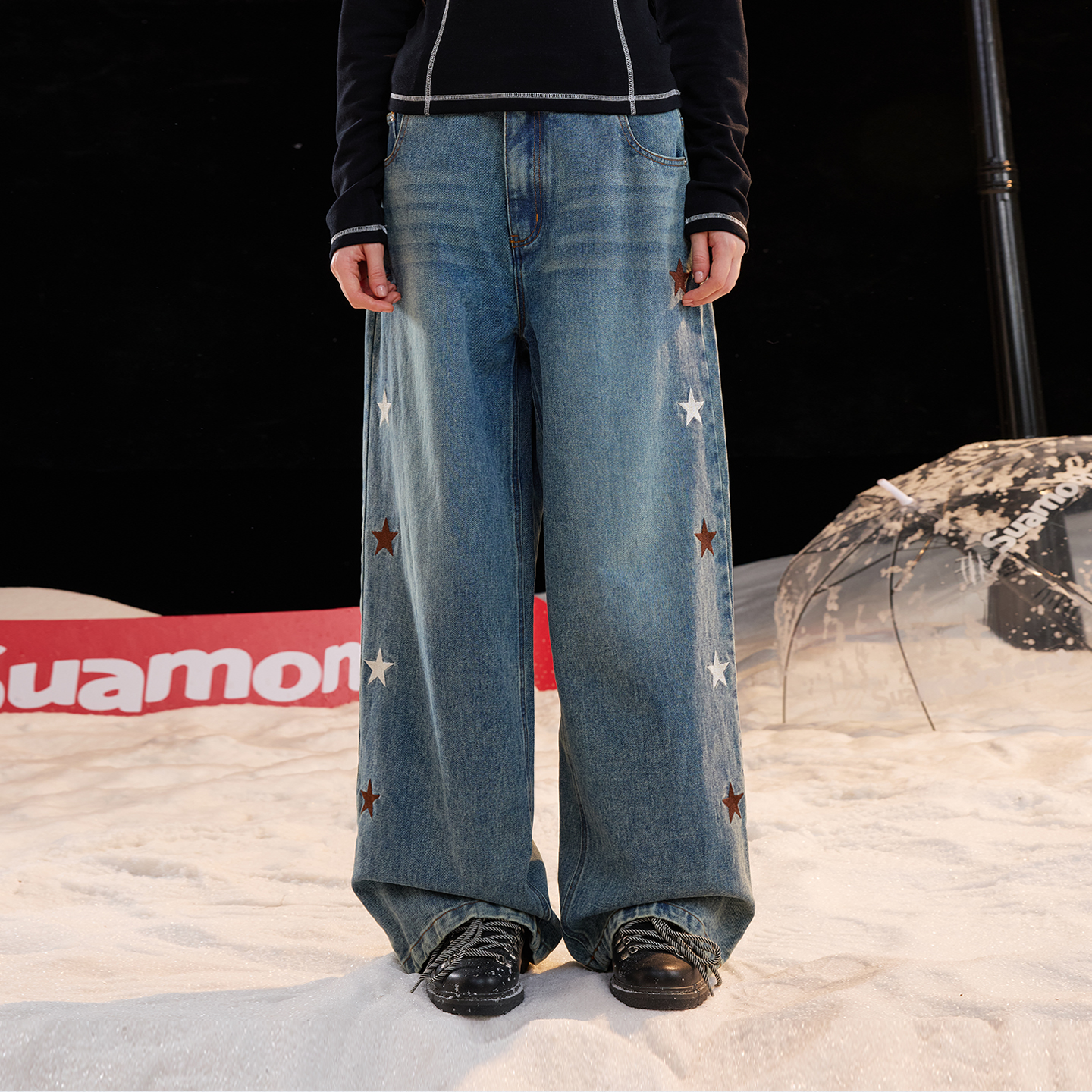 SuaMoment星星刺绣复古水洗直筒牛仔裤阔腿休闲宽松长裤男女同款