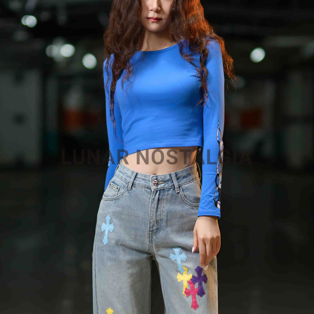 美式街头辣妹风蓝色短款修身长袖T恤套头女