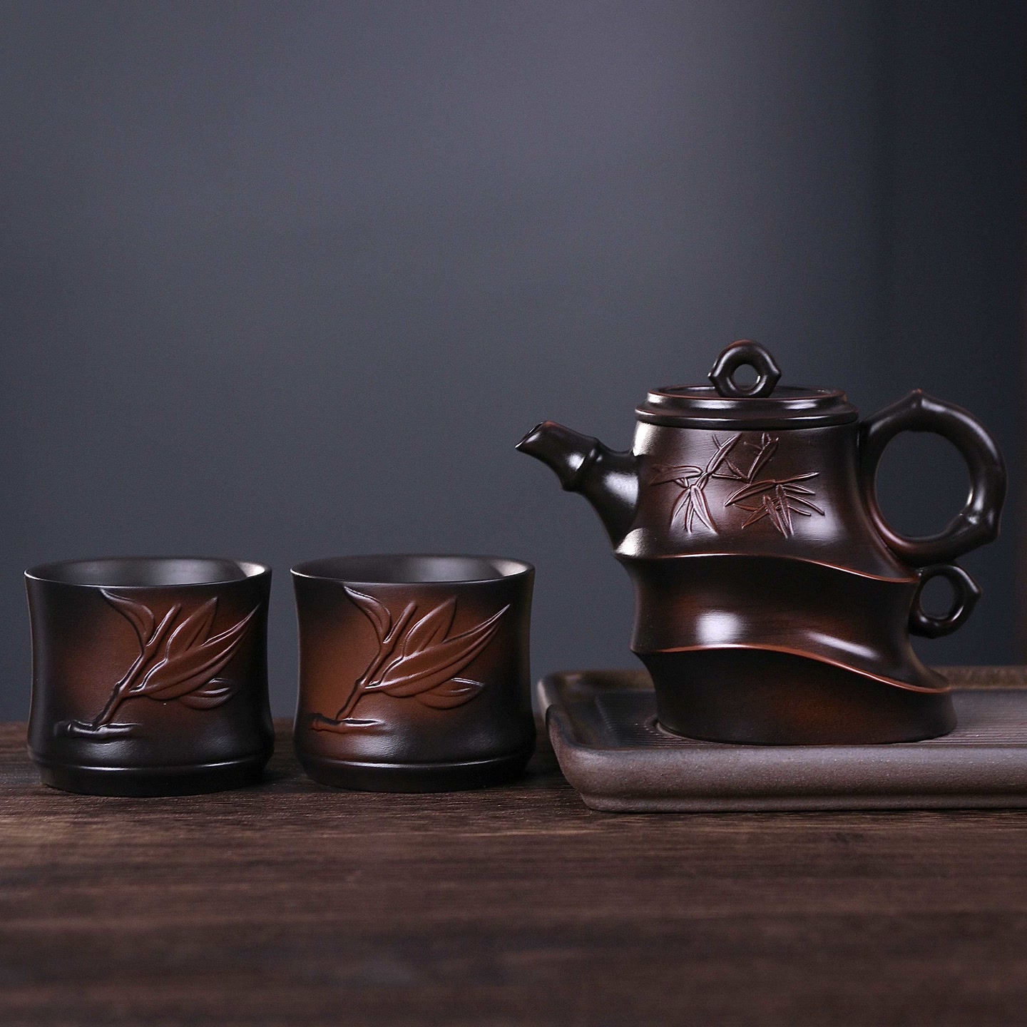 紫陶斜竹凤鸣壶配两个品茗竹节杯【普通包装】