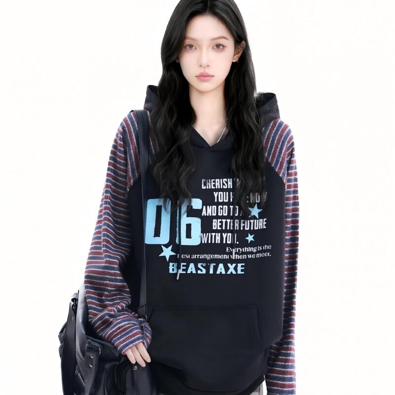 【Mu&Mu】美式复古撞色条纹插肩袖连帽卫衣女oversize宽松帽衫