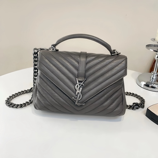 95新 YSL/圣罗兰 大象灰College邮差斜挎包B2157#