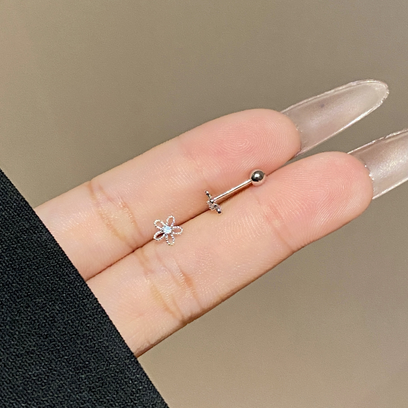 925银合成锆石耳饰 日常通勤百搭简约螺丝帽镂空小花耳饰A3326