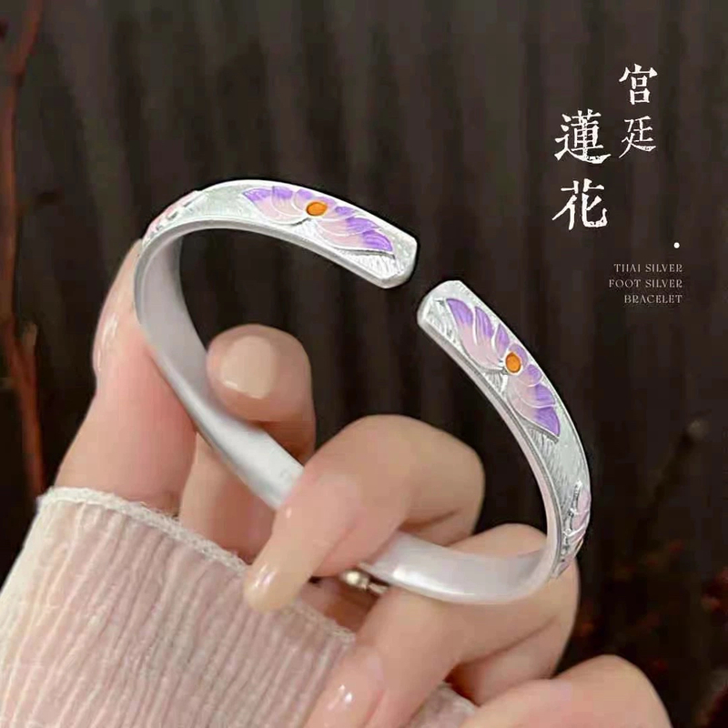 足银手镯 足银999珐琅莲花纯银手镯子女开口送女友情人节生日礼物