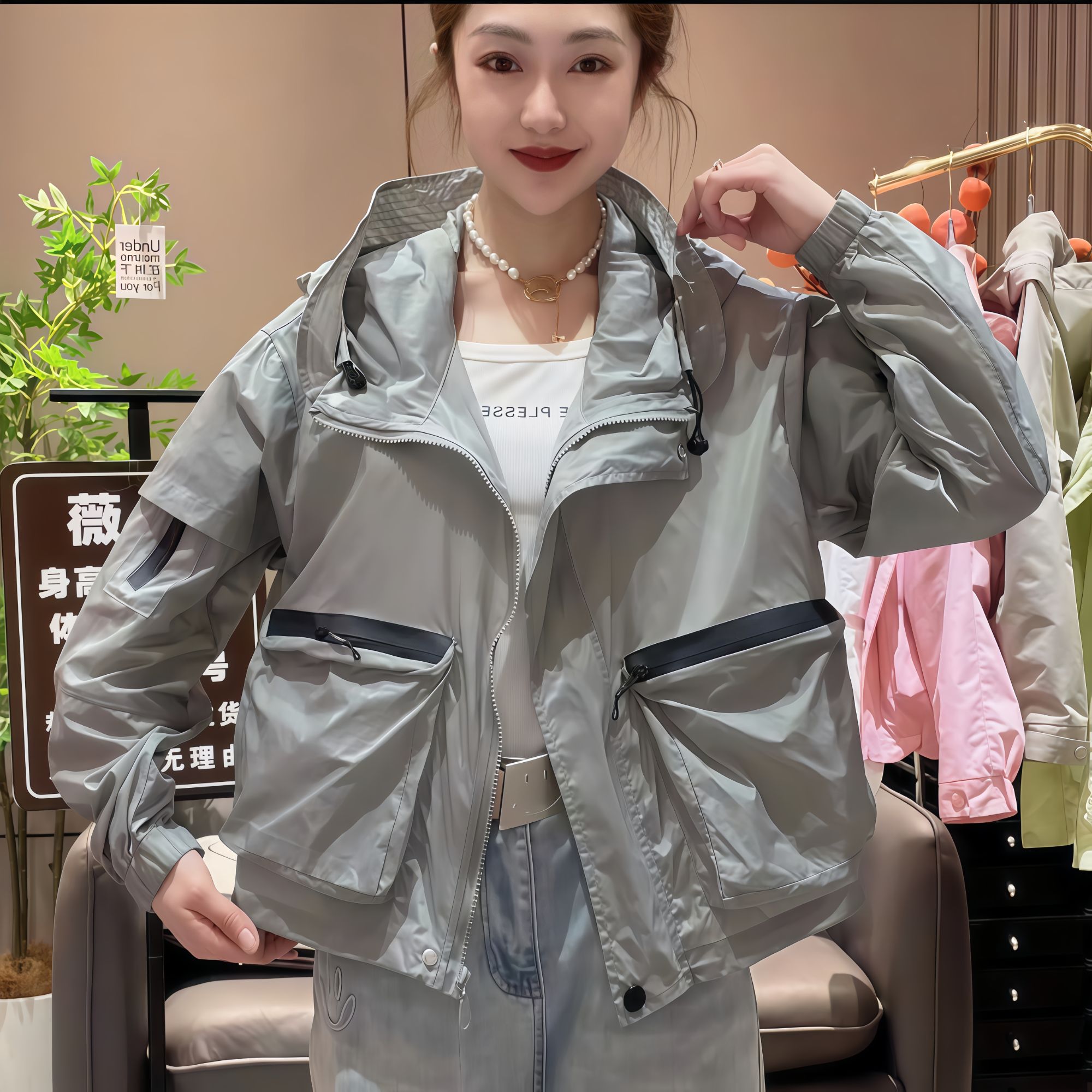 2025夏季新款小个子韩版大码宽松休闲薄外套连帽防晒衣女短款