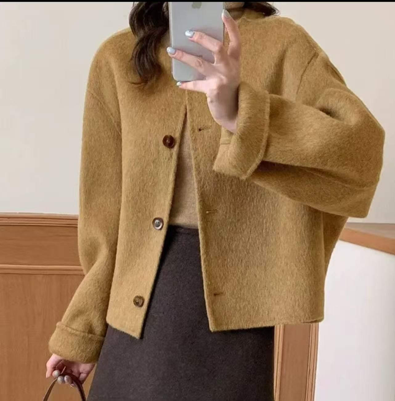 韩版小香风双面大衣短款小个子2025年秋冬新款毛呢外套