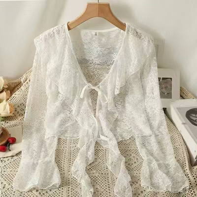 626甜美温柔氛围感喇叭袖蕾丝绑带披肩罩衫夏季女款