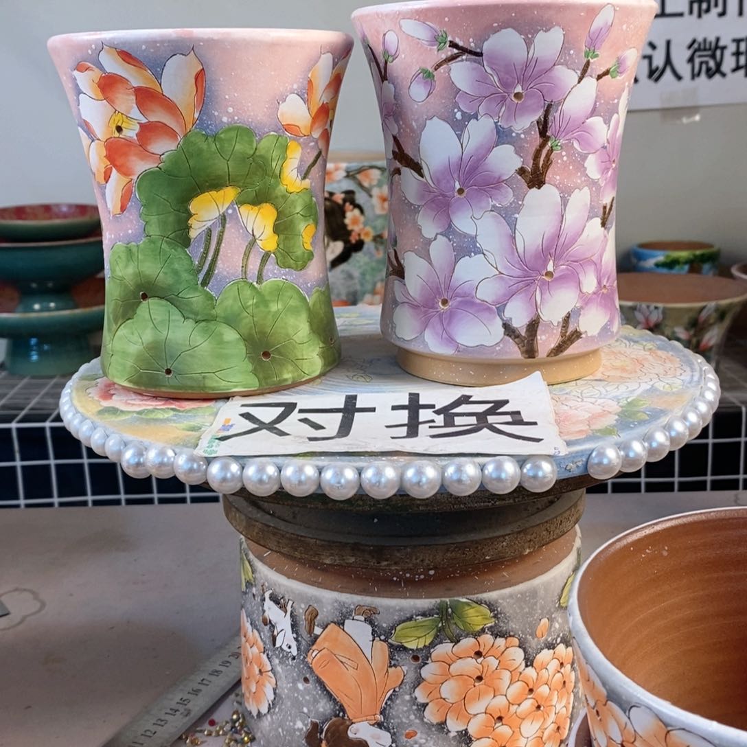 紫砂花盆暖*。红陶手绘花盆
