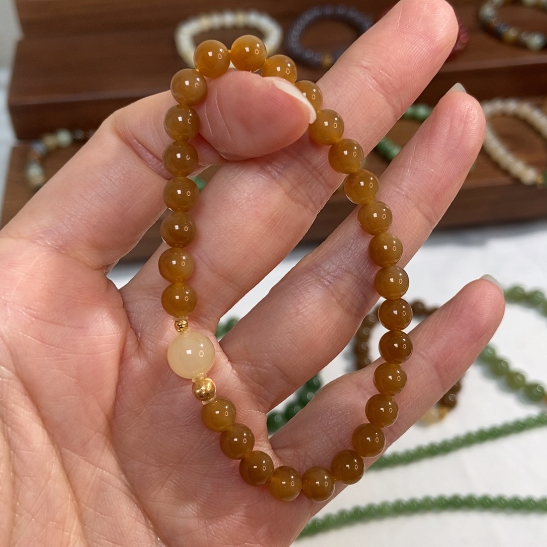 和田玉18K金镶嵌手链6mm且末糖