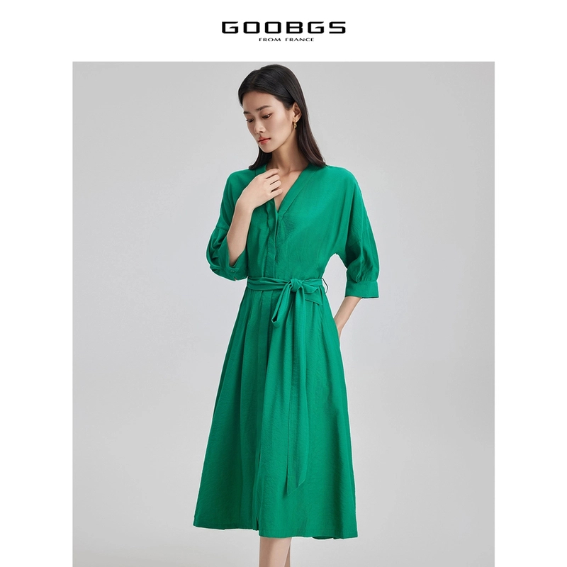 【丽姐甄选】谷邦GOOBGS 绿色V领中袖连衣裙 G3244023