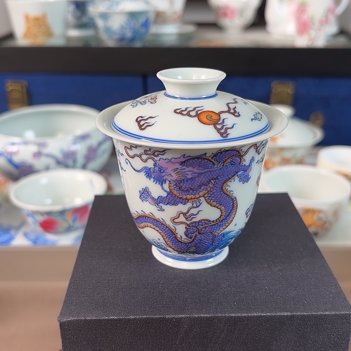 手工手绘青花斗彩紫龙盖碗