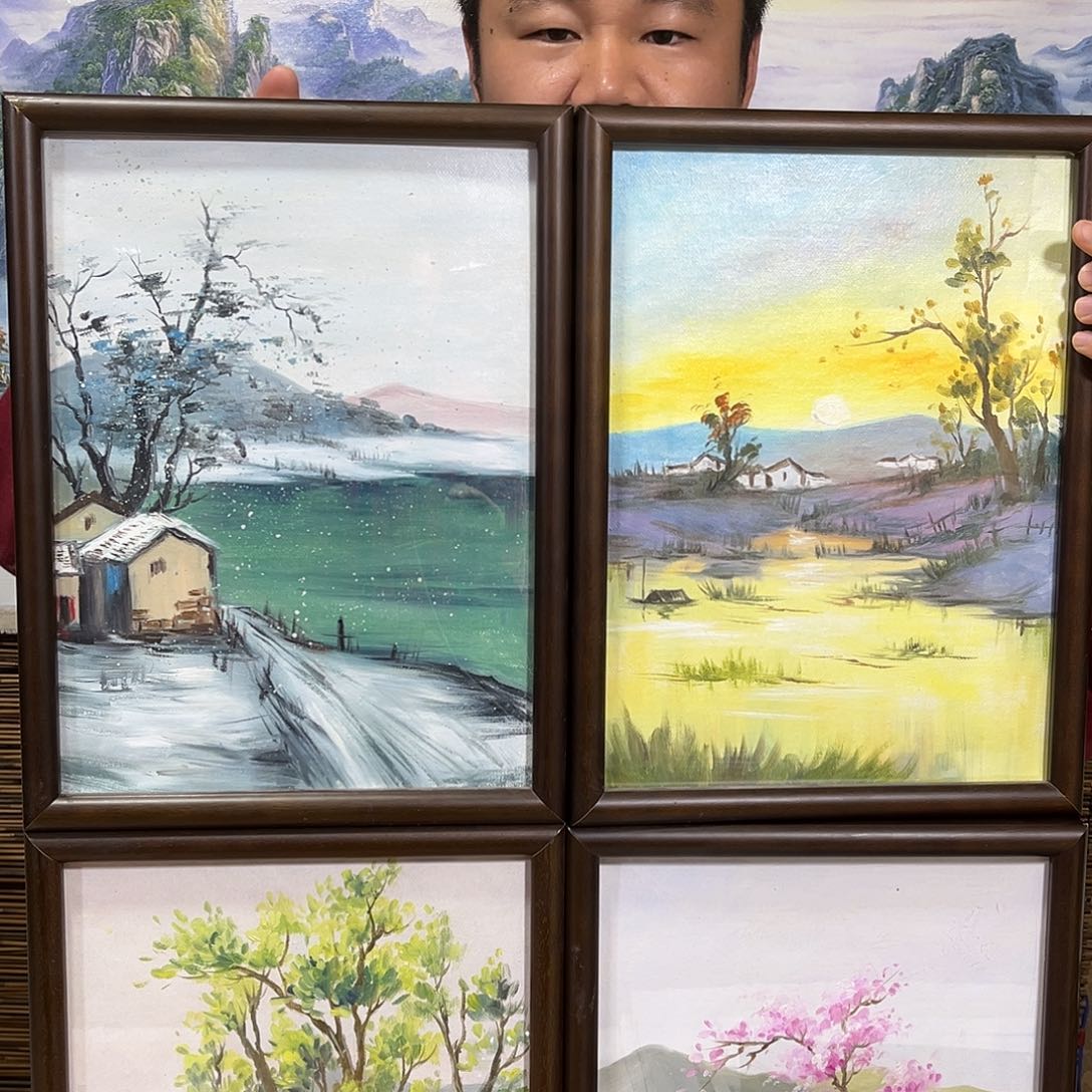 油画行路人小院绘画作品