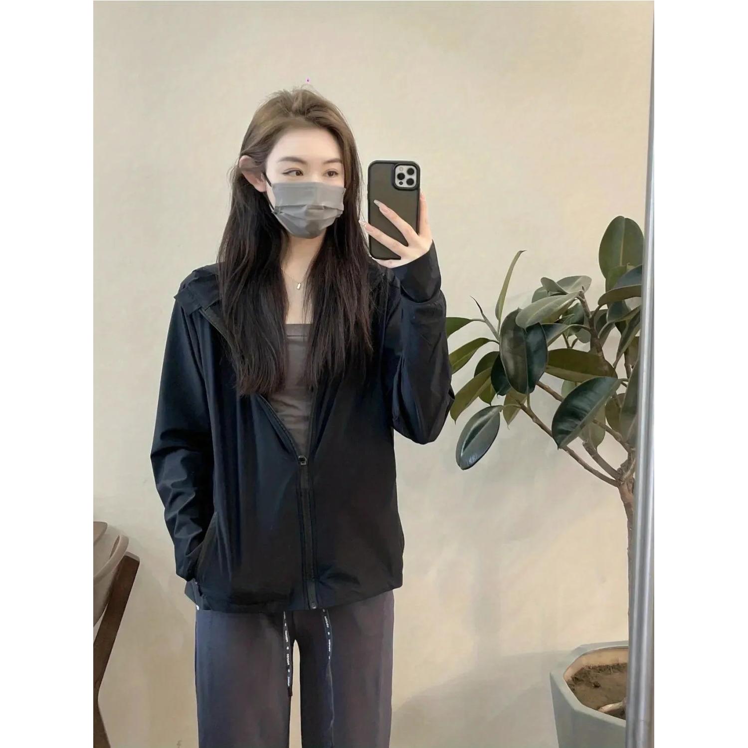 冰丝凉感开衫黑色薄款衣女夏季2023新款宽松连帽显白外套上衣